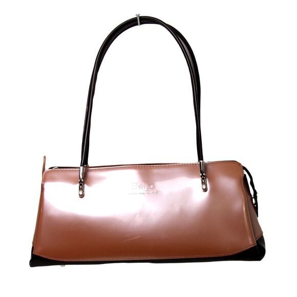 BEIJO DUSTY PINK PEACH BLACK VINYL SHOULDER BAG HANDBAG TOTE PURSE BAGUETTE - Picture 1 of 12